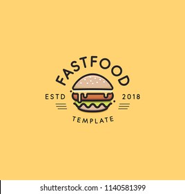 Fast food vector logo template. Hot burger design. Hamburger sign. Cheeseburger sign design. 