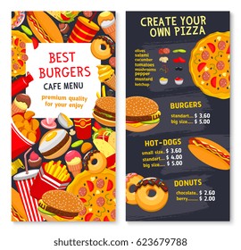 Fast food vector menu card with prices for burgers, pizza or hot dogs and donuts. Fastfood restaurant meals of burgers, french fries snacks and chicken grill meals, sandwich and with ice cream dessert