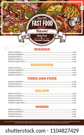Fast food vector menu template in sketch style. Design for restaurant menu with hand drawn illustrations of burger, drink, french fries, pizza and sandwich
