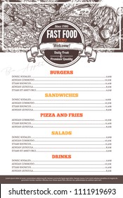 Fast food vector menu template in sketch style. Design for restaurant menu with hand drawn illustrations of burger, drink, french fries, pizza and sandwich