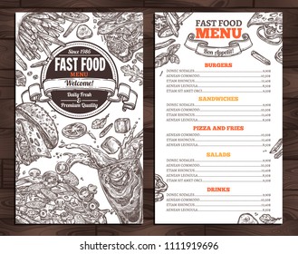 Fast food vector menu template in sketch style. Monochrome design for restaurant menu with hand drawn illustrations of burger, drink, french fries, pizza and sandwich