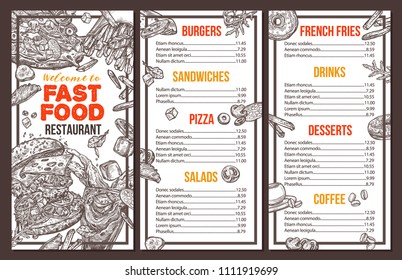 Fast food vector menu template in sketch style. Monochrome design for restaurant menu with hand drawn illustrations of burger, drink, french fries, pizza