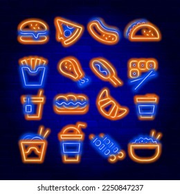 Fast food vector neon icons set. Neon colors symbols for your design.