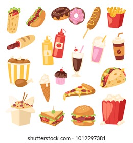 Fast food vector nutrition american hamburger or cheeseburger unhealthy eating concept junk fast-food snacks burger or sandwich and soda drink illustration isolated on background