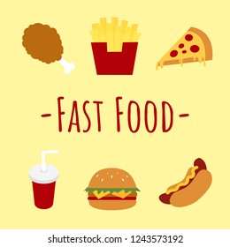 Fast Food Vector on yellow background with fried chicken,fries,pizza,soda,hamburger and hot dog