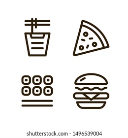 Fast food vector outline icon set: pizza, noodles, burger, rolls, sushi.