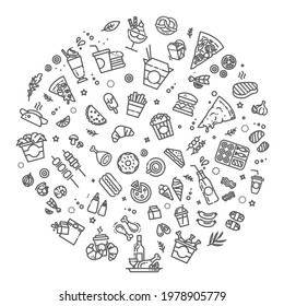 Fast food vector outline icons set. Cooking