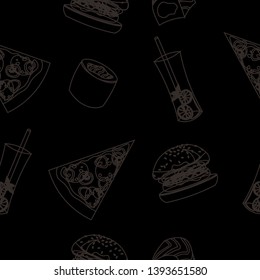 Fast food vector pattern. Hamburgers, pizza, sushi, drinks. Menu design, cafe, flyer, invitations.
