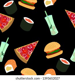 Fast food vector pattern. Hamburgers, pizza, sushi, drinks. Menu design, cafe, flyer, invitations.
