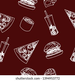 Fast food vector pattern. Hamburgers, pizza, sushi, drinks. Menu design, cafe, flyer, invitations.
