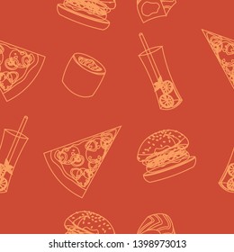 Fast food vector pattern. Hamburgers, pizza, sushi, drinks. Menu design, cafe, flyer, invitations.
