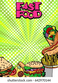 Fast food vector poster. Hamburger, hot dog, pizza, sandwich, french fries. Pop art style. Green background