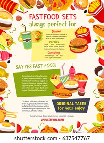 Fast food vector poster with meals and snacks. Hamburgers and cheeseburgers with french fries, ice cream and cupcakes desserts, hot dog and chicken nuggets basket. Lunch menu of fastfood restaurant