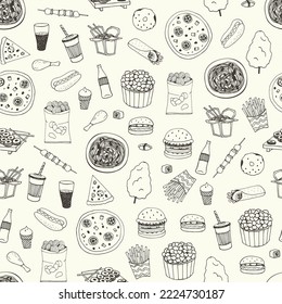 Fast Food vector seamless line pattern.