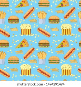Fast food vector seamless pattern on blue background. Hamburger, hot dog, popcorn, French fries, pizza slice vector seamless pattern