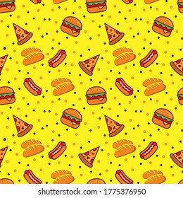 Fast food vector seamless pattern. Junk food delicious seamless pattern.