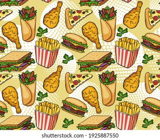 Fast food vector seamless pattern. Hamburger, hot dog, pizza, sandwich, meat, french fries, onions, tomatos. Pop art style