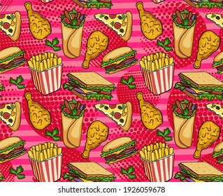 Fast food vector seamless pattern. Hamburger, hot dog, pizza, sandwich, meat, french fries, onions, tomatos. Pop art style