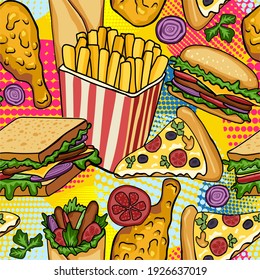 Fast food vector seamless pattern. Hamburger, hot dog, pizza, sandwich, meat, french fries, onions, tomatos. Pop art style