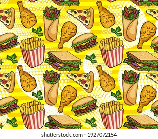Fast food vector seamless pattern. Hamburger, hot dog, pizza, sandwich, meat, french fries, onions, tomatos. Pop art style