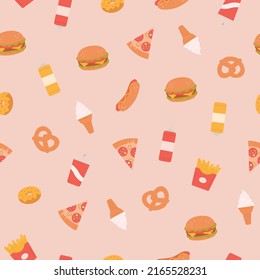 Fast Food vector seamless pattern with hamburger,hotdog,pizza,beverage,fries,
cheeseburger,ketchup,mustard,pretzel,ice cream,donut. Restaurant menu background.