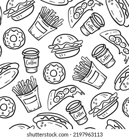 Fast food vector seamless pattern doodle. Sketch food elements black and white seamless background with burger French fries coffee donut hotdog pizza for menu restaurant delivery packaging textile