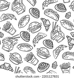 Fast food vector seamless pattern in doodle style. Burger, pizza, wok, French fries, cupcake, croissant, hot dog, taco repeat vector illustration, hand drawn black and white cartoon flat design