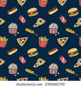 Fast food vector seamless pattern. Fastfood elements background. Hand drawn outline repeat illustration with hot dog, fries, cheeseburger, taco, pizza. 