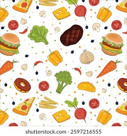 Fast food vector seamless pattern. Fastfood elements background. Hand drawn outline repeat illustration with hot dog, fries, cheeseburger, taco, pizza.