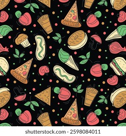 Fast food vector seamless pattern. Fastfood elements background. Hand drawn outline repeat illustration with hot dog, fries, cheeseburger, taco, pizza.