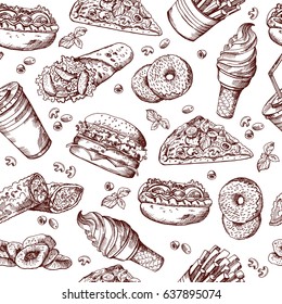 Fast food vector seamless pattern. Hand drawn illustration of hamburger sandwich cola and french fries. Pattern hamburger pizza fast food, beverage and potato fastfood