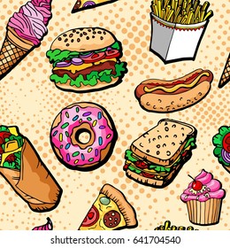 Fast food vector seamless pattern. Hamburger, hot dog, pizza, sandwich, milkshake, french fries, donut, cupcake, ice-cream. Pop art style