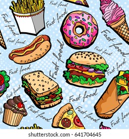 Fast food vector seamless pattern. Hamburger, hot dog, pizza, sandwich, milkshake, french fries, donut, cupcake, ice-cream. Pop art style