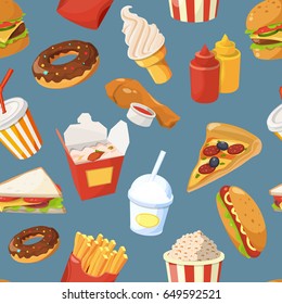 Fast food vector seamless pattern with cold water, sandwich and burger