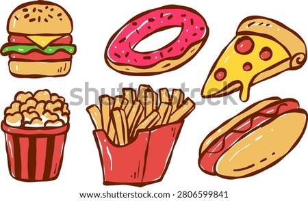 Fast food vector set burgers hot dogs wraps and donut collection colorful junk food illustration isolated