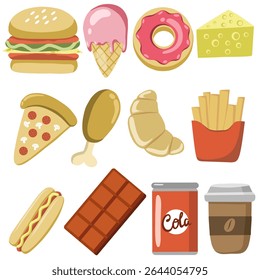 Fast Food Vetor Set - Design Plano Tasty Junk Food Cartoon Illustration Collection
