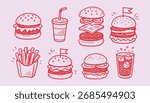 Fast Food Vector Set – Hand Drawn Burger, Fries, And Soda Illustration Design