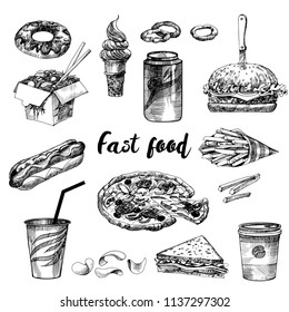 Fast food vector set. Hand drawn sketch.