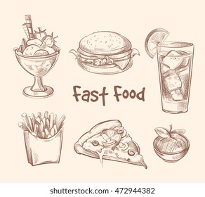 Fast food vector set in hand drawn sketch style. Burger and hamburger, pizza and ice cream illustration