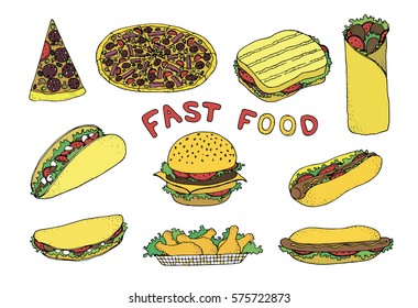 Fast food vector set. Hand drawn vector stock illustration.