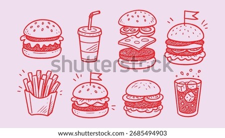 Fast Food Vector Set – Hand Drawn Burger, Fries, And Soda Illustration Design