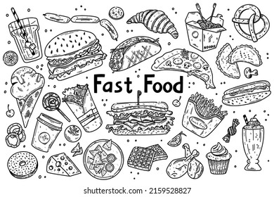 Fast food vector set illustration. Junk food in doodle style. Hand drawn collection of fast food.