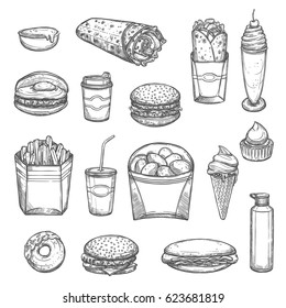 Fast food vector sketch icons. Burrito or doner wrap, hamburger and cheeseburger, milkshake or coffee, french fries and chicken nuggets, ice cream and donut or muffin cake dessert, ketchup for hot dog