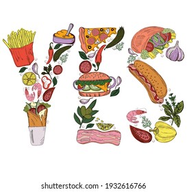 Fast Food Vector Symbols. Vector hand illustration with snacks, hamburger, fries, hot dog in old ink style.