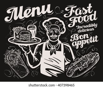 fast food. vector template chalkboard menu for restaurant, cafe and eatery, diner, bistro