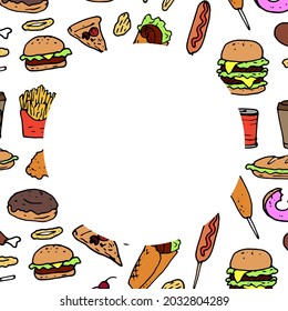 Fast food vector template with an empty round space for text. drawn elements in flat style french fries, hamburger, pizza, donut, sausage, on white for a design template. Hand drawn banner