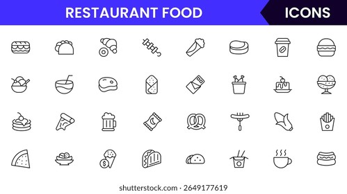 Fast Food vector web line icon collection, sleek illustrations of burgers, fries, drinks, and quick-service items for vibrant designs.