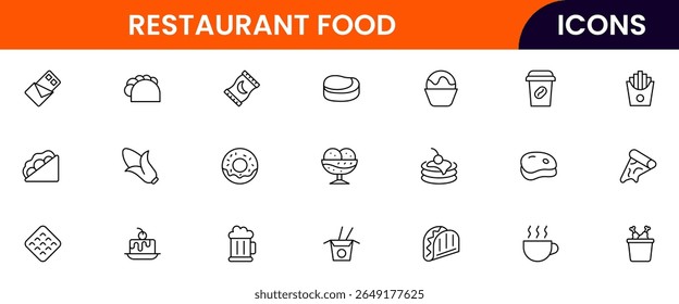 Fast Food vector web line icon collection, sleek illustrations of burgers, fries, drinks, and quick-service items for vibrant designs.