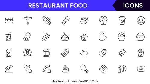 Fast Food vector web line icon collection, sleek illustrations of burgers, fries, drinks, and quick-service items for vibrant designs.
