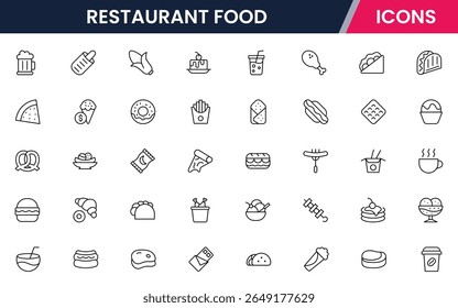 Fast Food vector web line icon collection, sleek illustrations of burgers, fries, drinks, and quick-service items for vibrant designs.